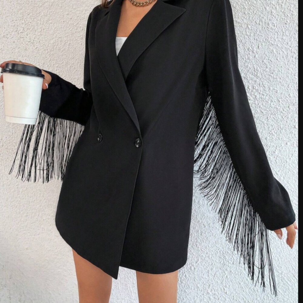 Women's Black Fringe Trimmed TrenchSuit Jacket Blazer Size 6 (M)